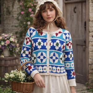 VTG Adrianne Vittadini Cotton Semi Crop Cardigan Geometric Floral Cottage Granny